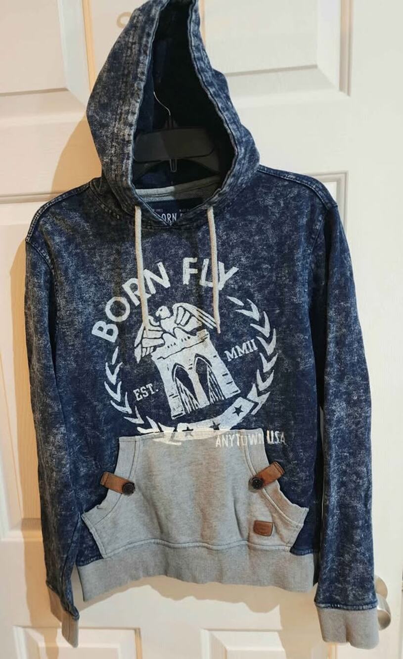 Born Fly Denim Hoodie Men's Medium 100% Cotton Pullover